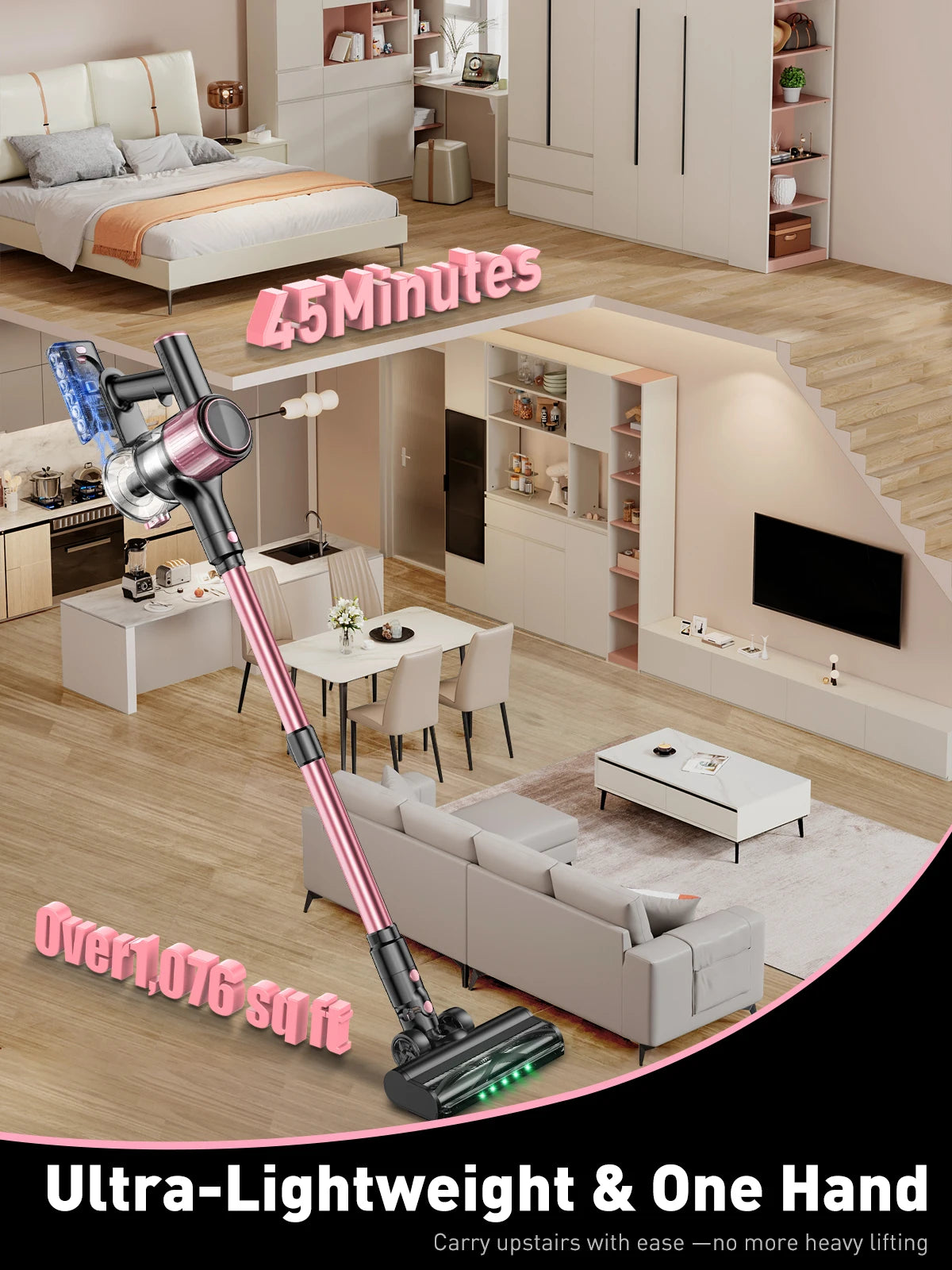 Cordless Vacuum Cleaner, 500 W/45min 10 in 1 Powerful Stick Vacuum Cleaner