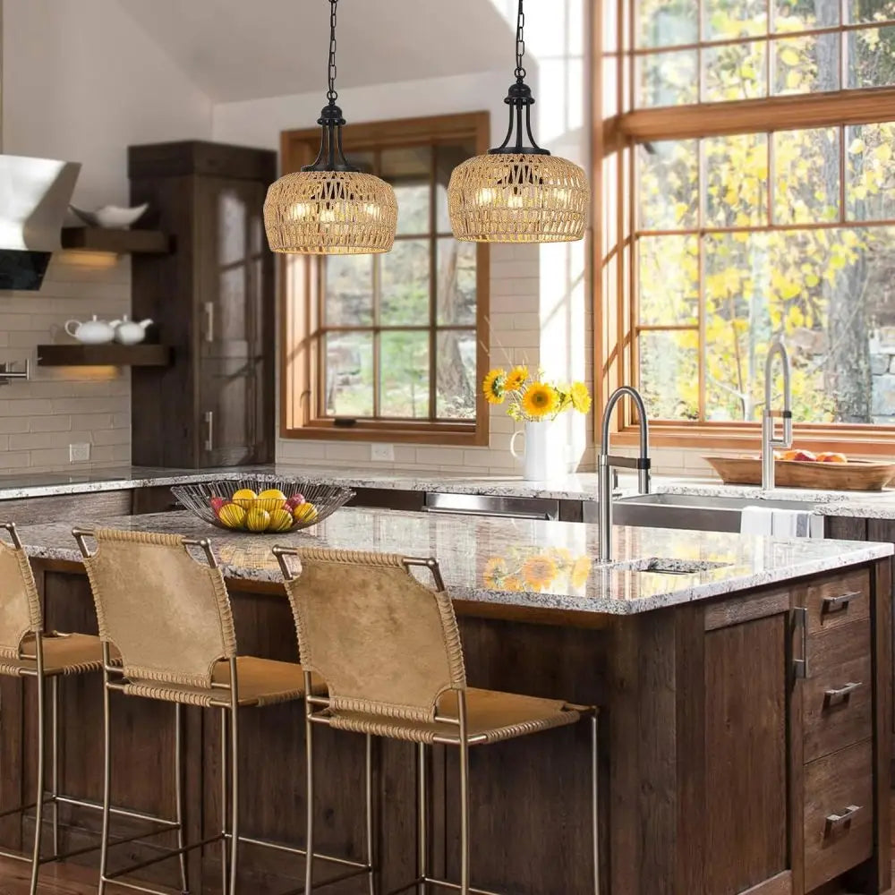 3-Light Boho Farmhouse Rattan Chandelier: Woven Coastal Pendant