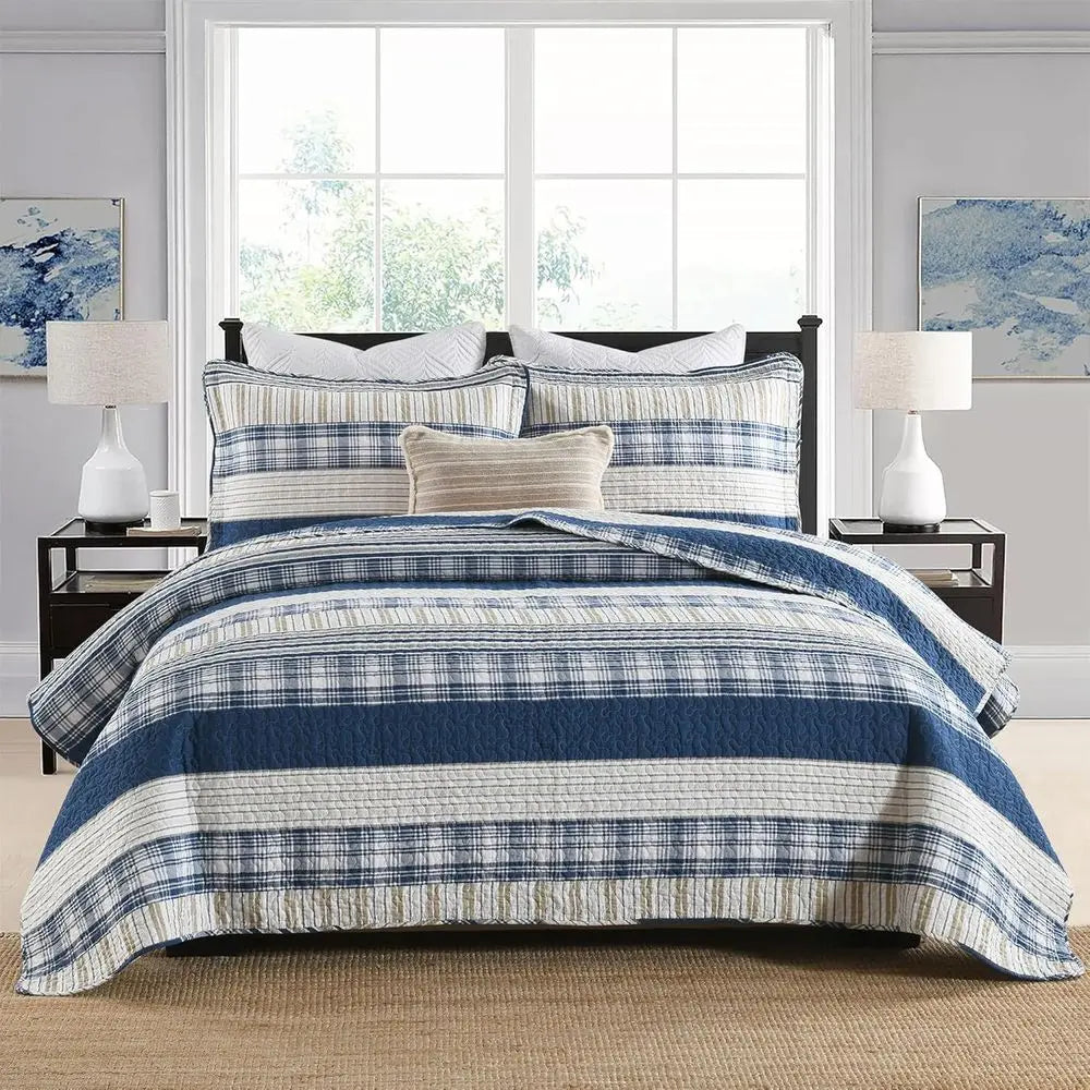 Blue White Tan Striped Queen Size Comorter Set, 3-Piece
