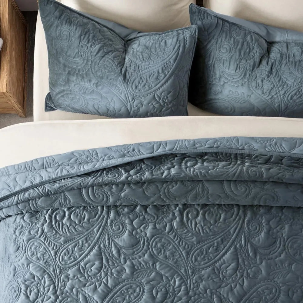 Pearl Velvet Quilt Set King Size 3 Pieces,Paisley-Stitch with Pillow Shams