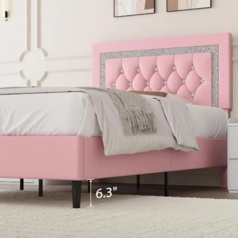 Glamous Girls Twin Diamond Tufted Button Headboard, Elegant Pink Fabric Upholstery
