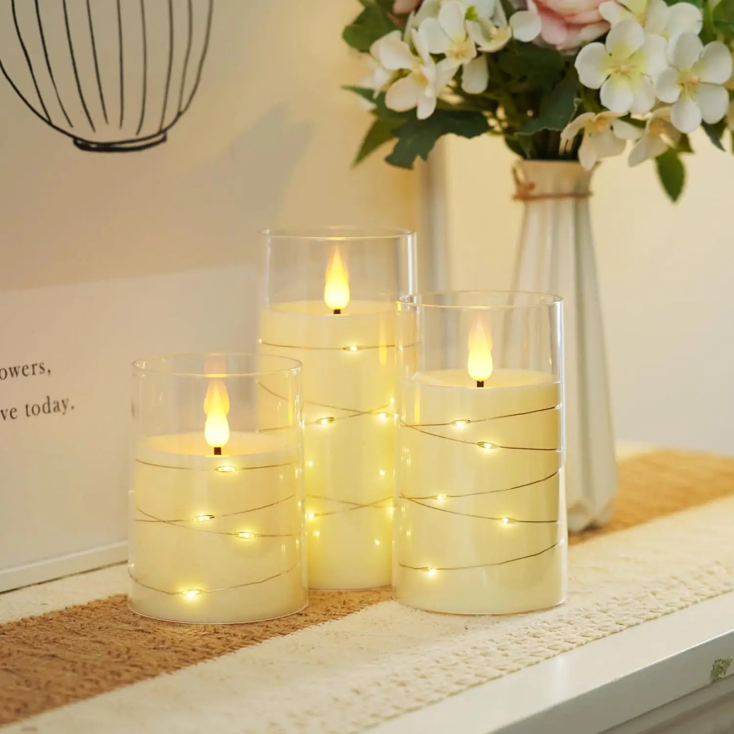 LED Flameless Candles with Fairy Lights, Set of 3, Ivory White