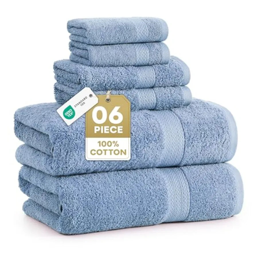 100% Cotton Bath Towels 6 Piece Set - Super Soft, Quick Dry and Absorbent - 2 Bath, 2 Washcloths, 2 Hand Towels for Bathroom -