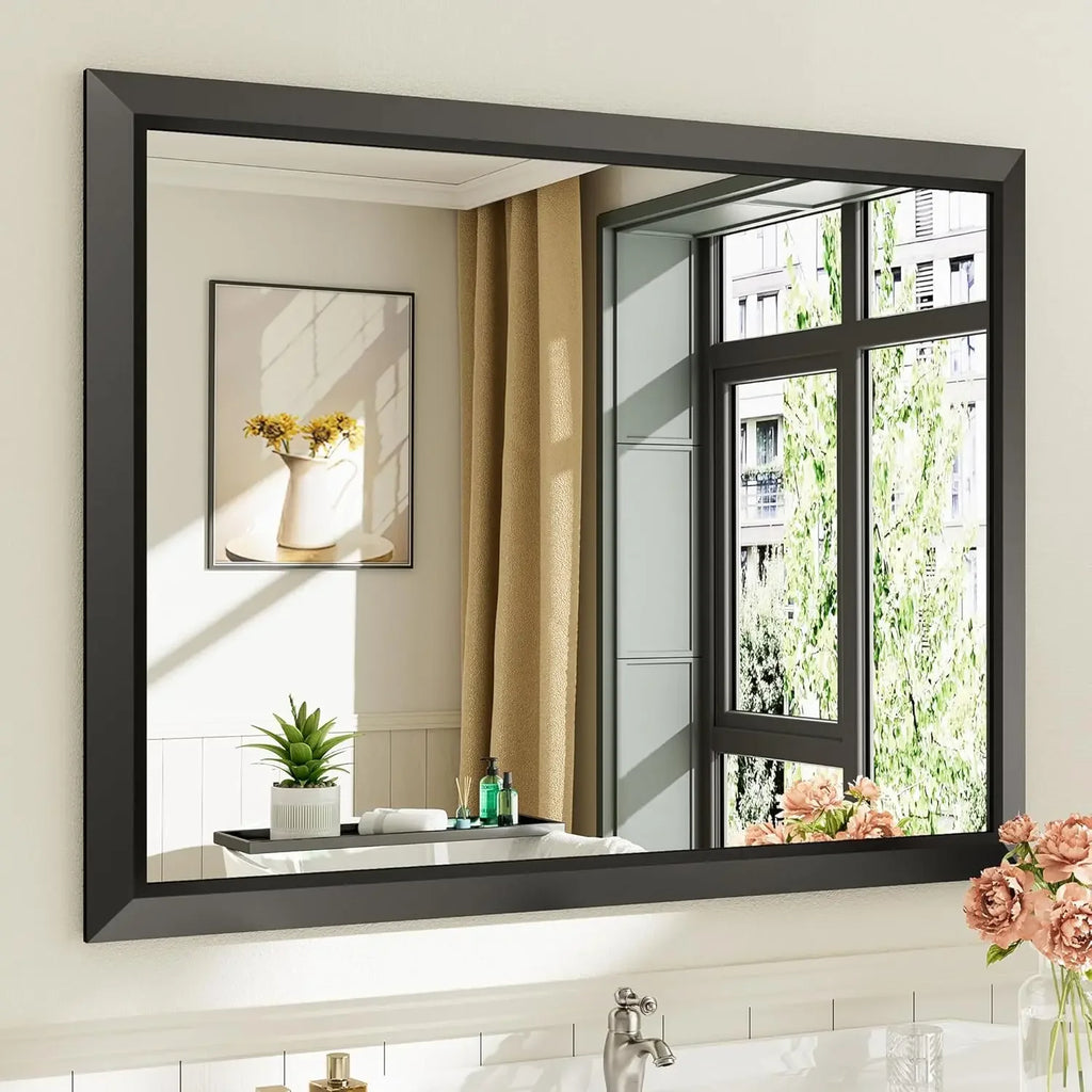 40x30 Inch Black Bathroom Mirror for Wall, Thick Metal Framed Rectangle