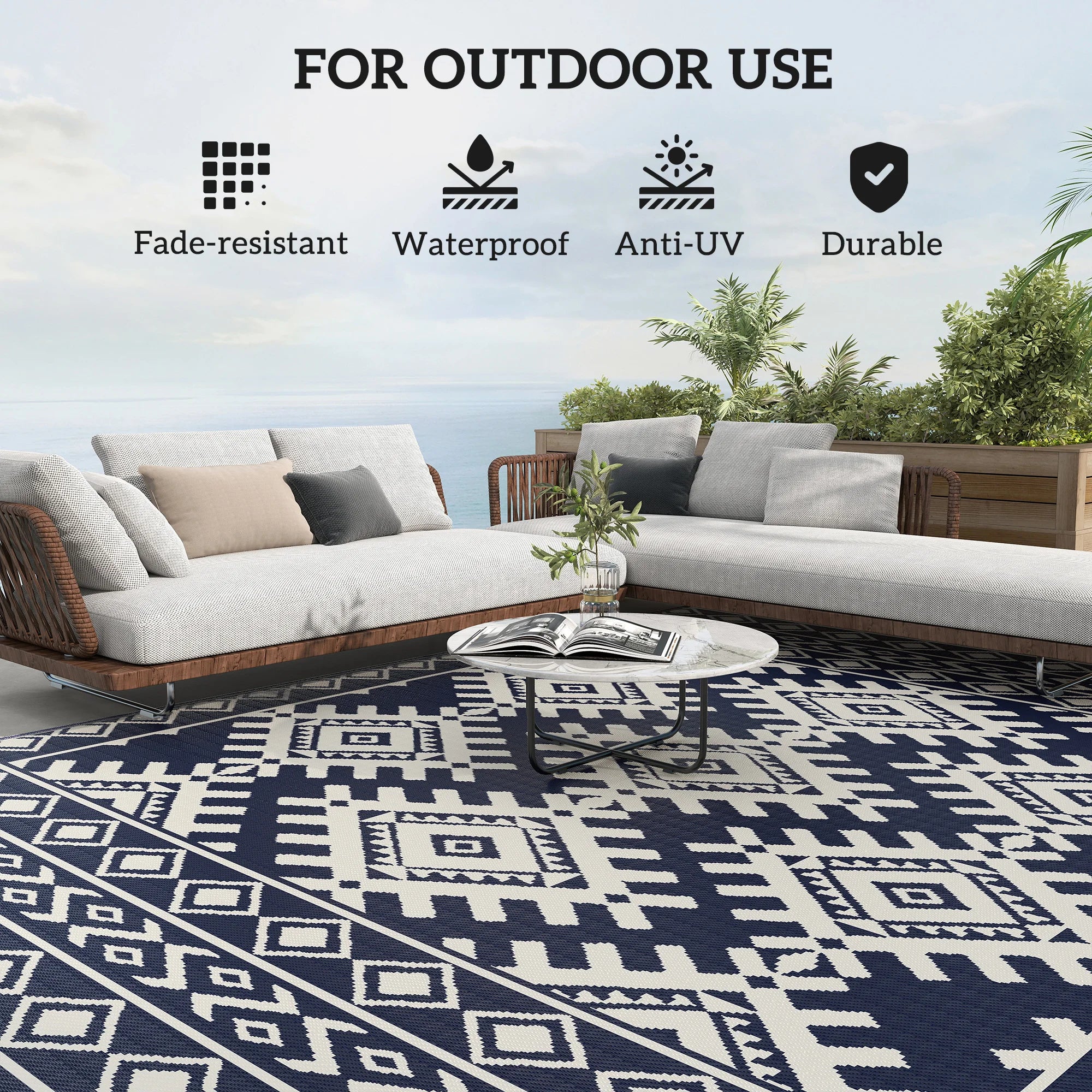 Jazzy Outdoor Rug, 9' x 12' Floor Mat, Blue White Rhombus Border