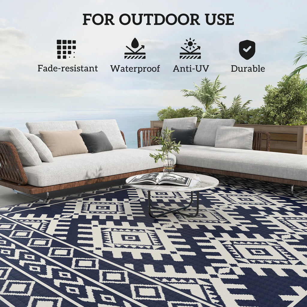 Jazzy Outdoor Rug, 9' x 12' Floor Mat, Blue White Rhombus Border