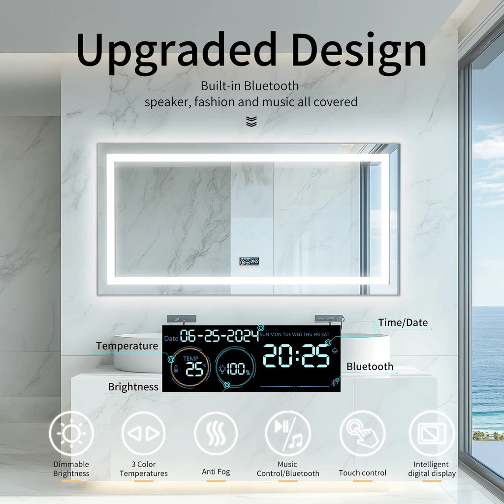 Musical LED Bathroom Mirror with Lights Vanity Make Up Mirror Dimmable
