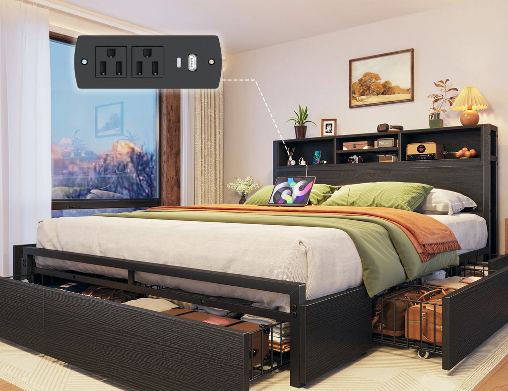 Storage Galore !!! Metal Platform Bed Frame with Bookcase Headboard