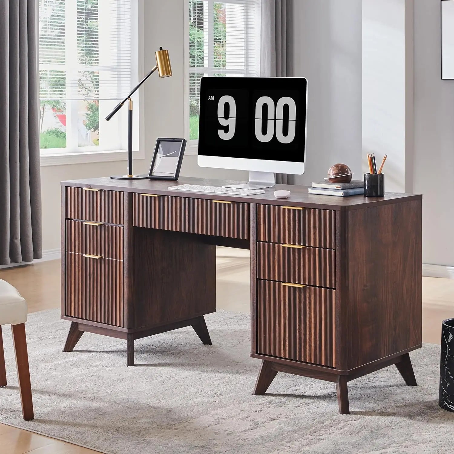 Fluted Executive Desk with Drawers, 60" Modern Home Office Computer Desk