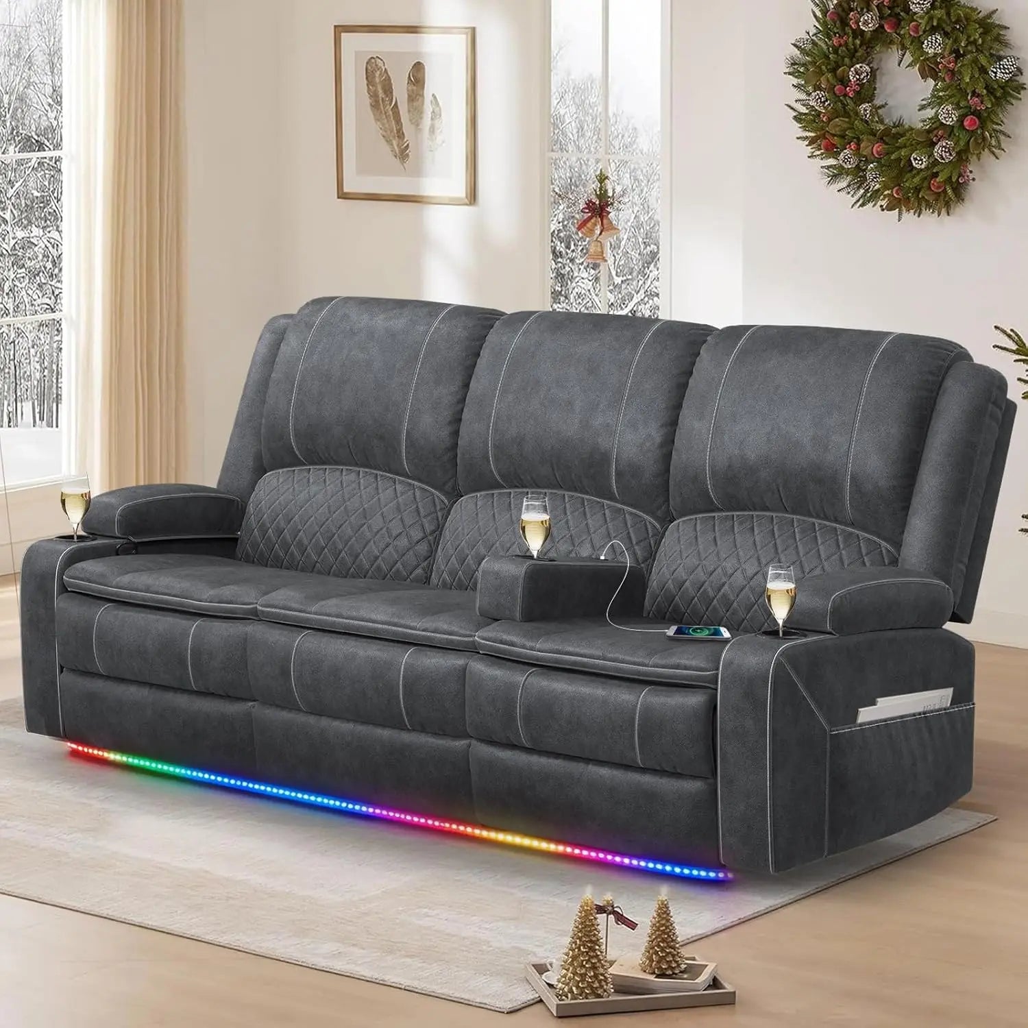 3 Seat Recliner Sofa with Console, Armrest, PU Leather, Cup Holders, USB Ports