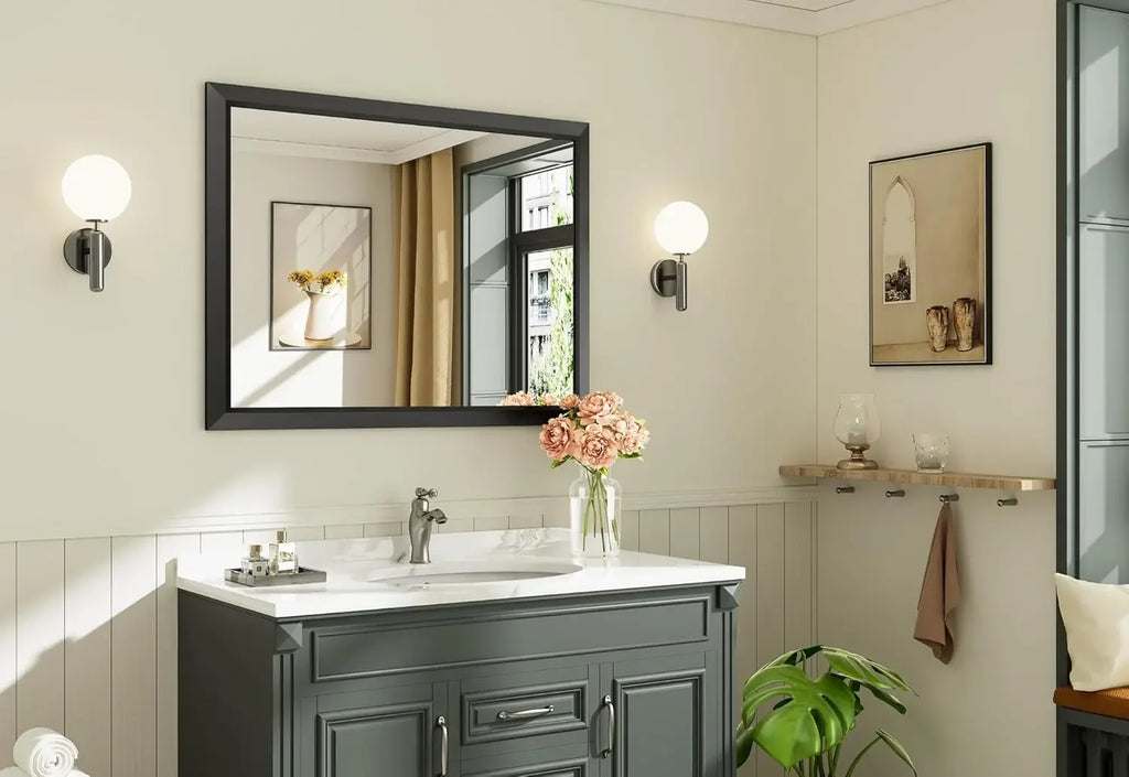 40x30 Inch Black Bathroom Mirror for Wall, Thick Metal Framed Rectangle