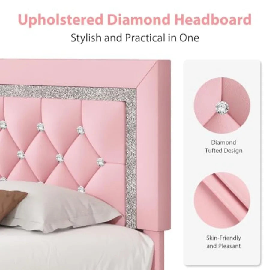 Glamous Girls Twin Diamond Tufted Button Headboard, Elegant Pink Fabric Upholstery