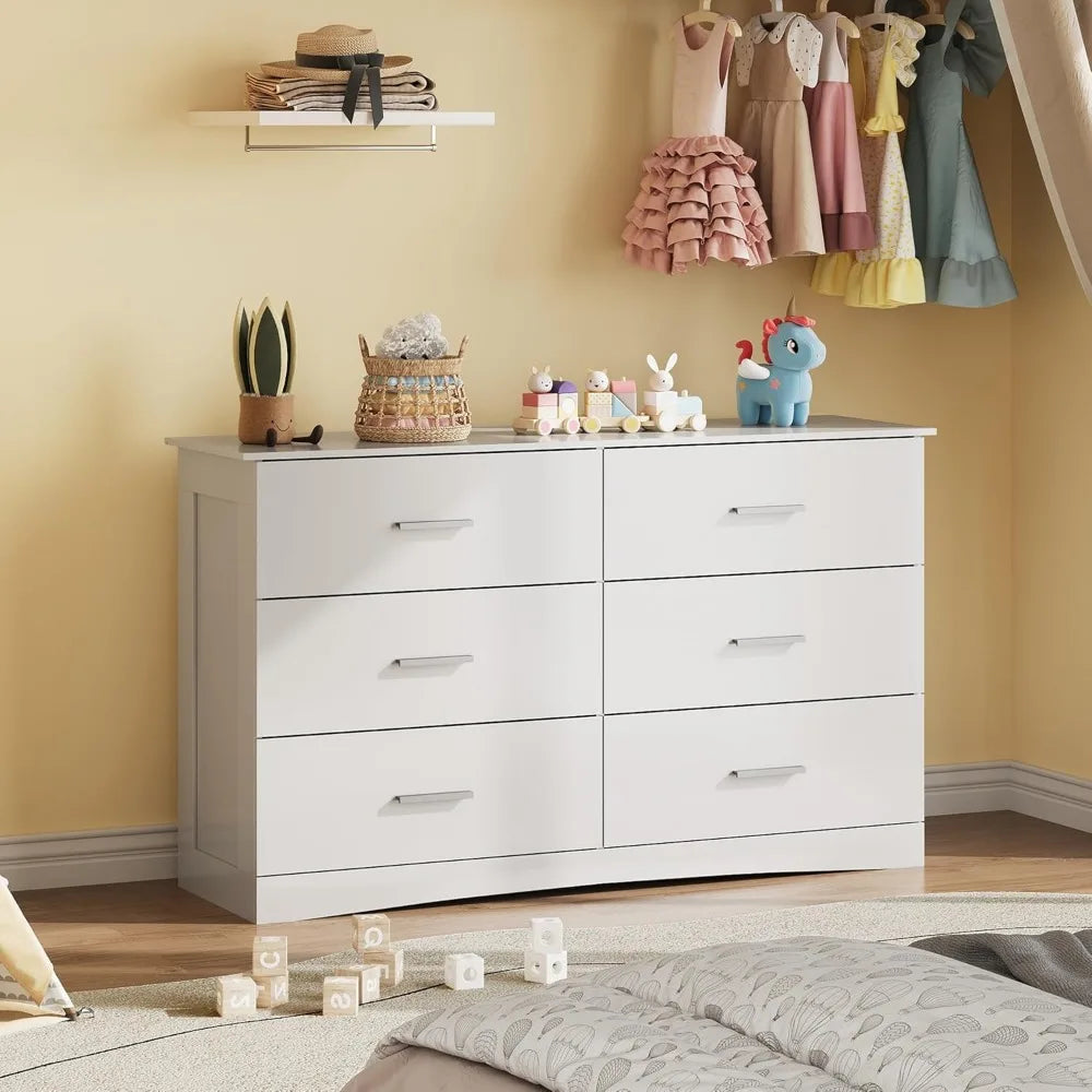 Exquisite White Dresser with 6 Drawers, Wide Wooden Chest of Drawers for Bedroom, Large White Storage Tower Unit