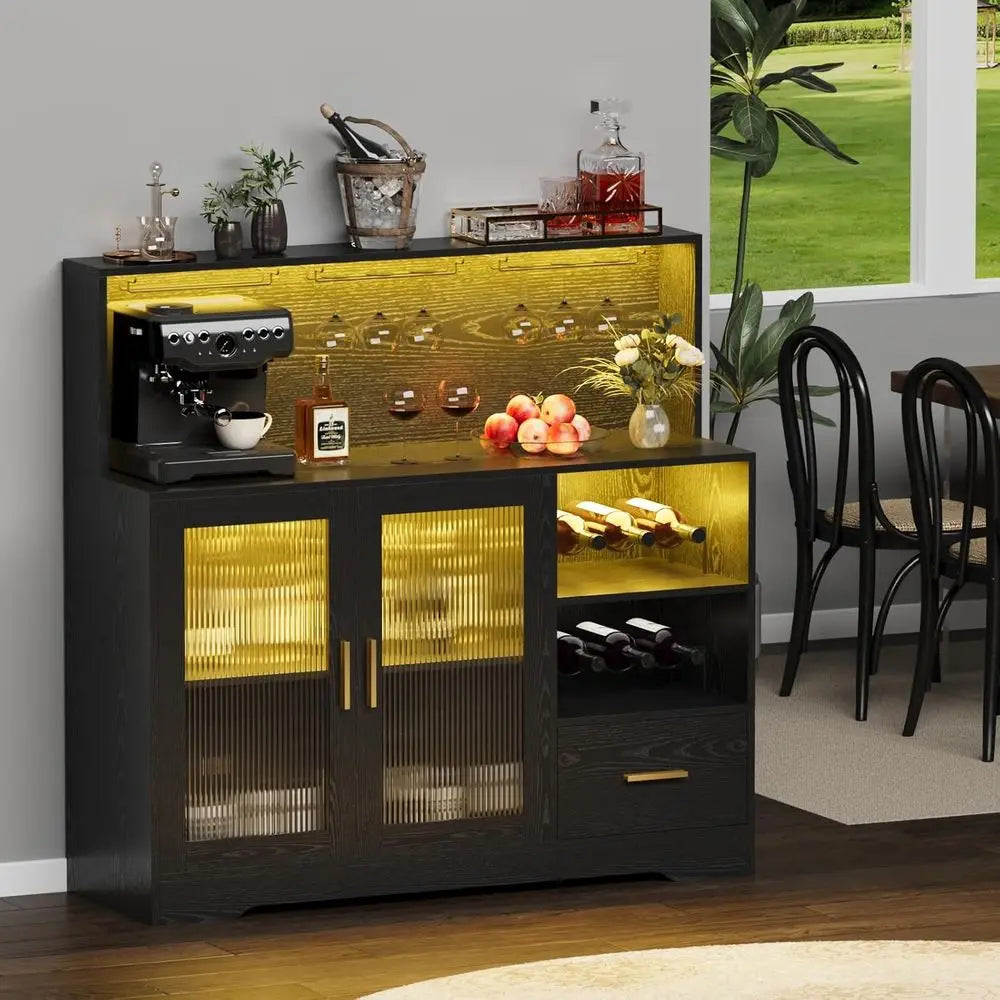 Modern Black LED-lit Home Bar Cabinet with Storage