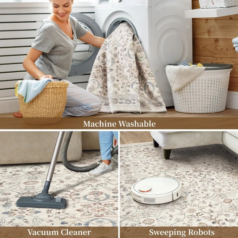 Vintage 5X7 Beige Rug With Soft Distressed Print (Washable)