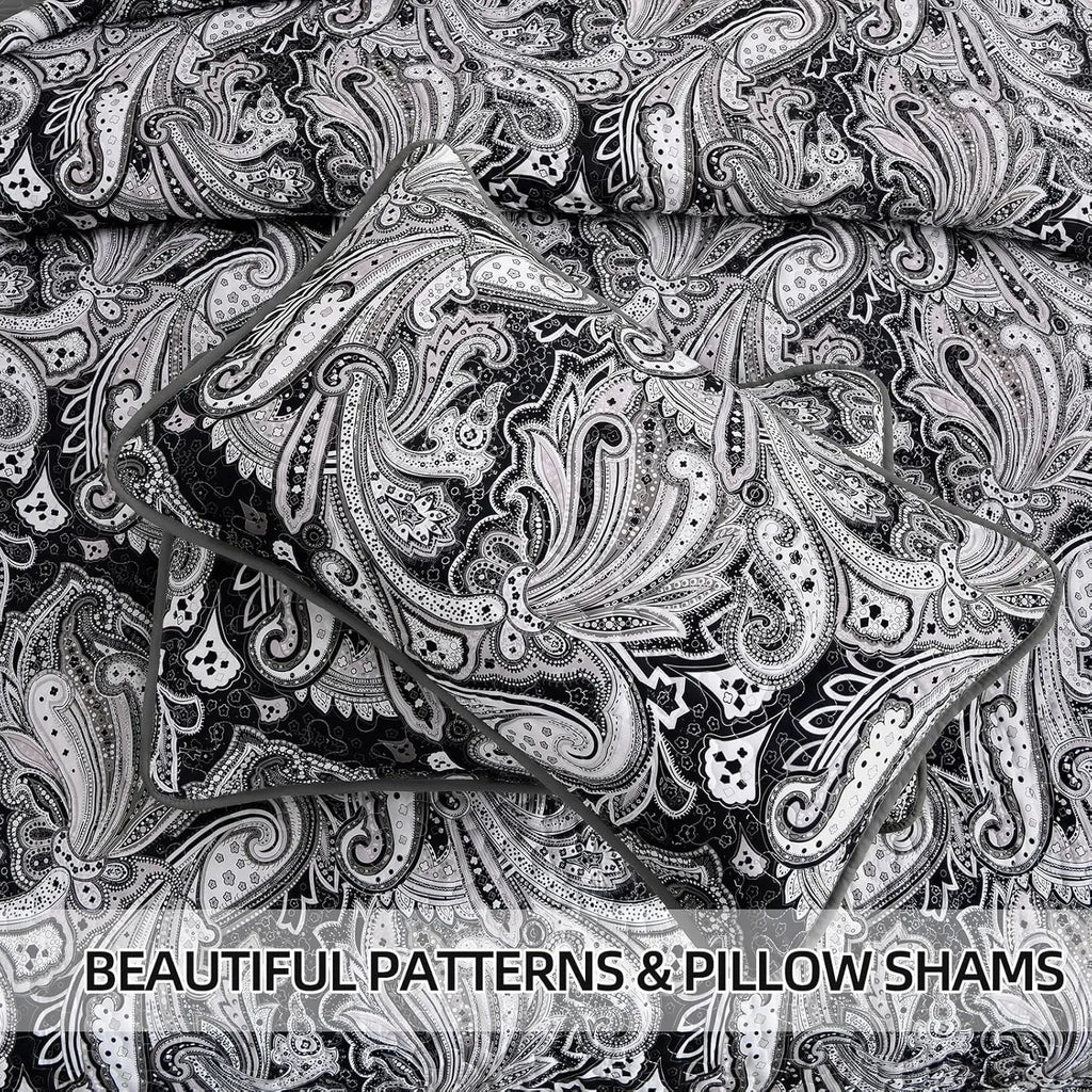 King Size Black Paisley Quilt Set, 3-Piece Boho Bedspread