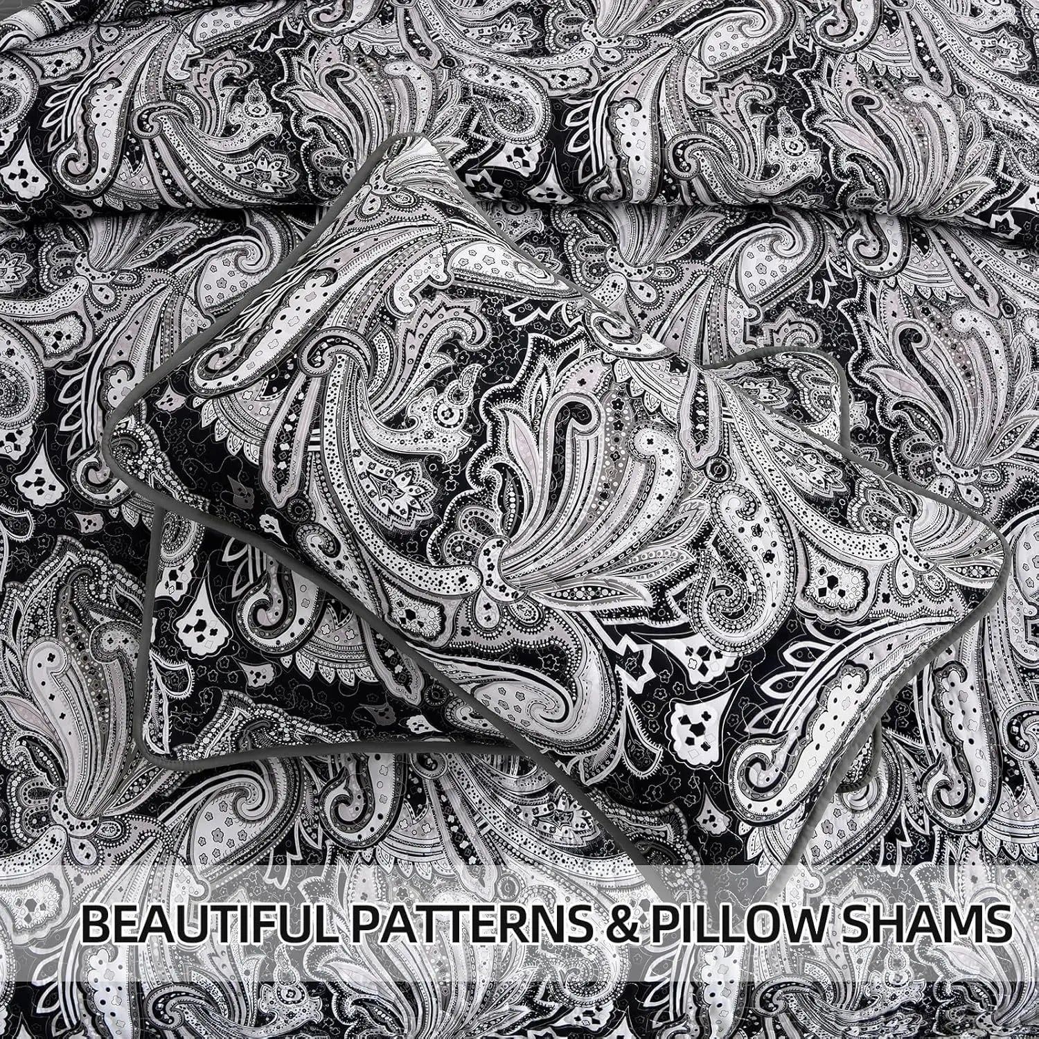 King Size Black Paisley Quilt Set, 3-Piece Boho Bedspread