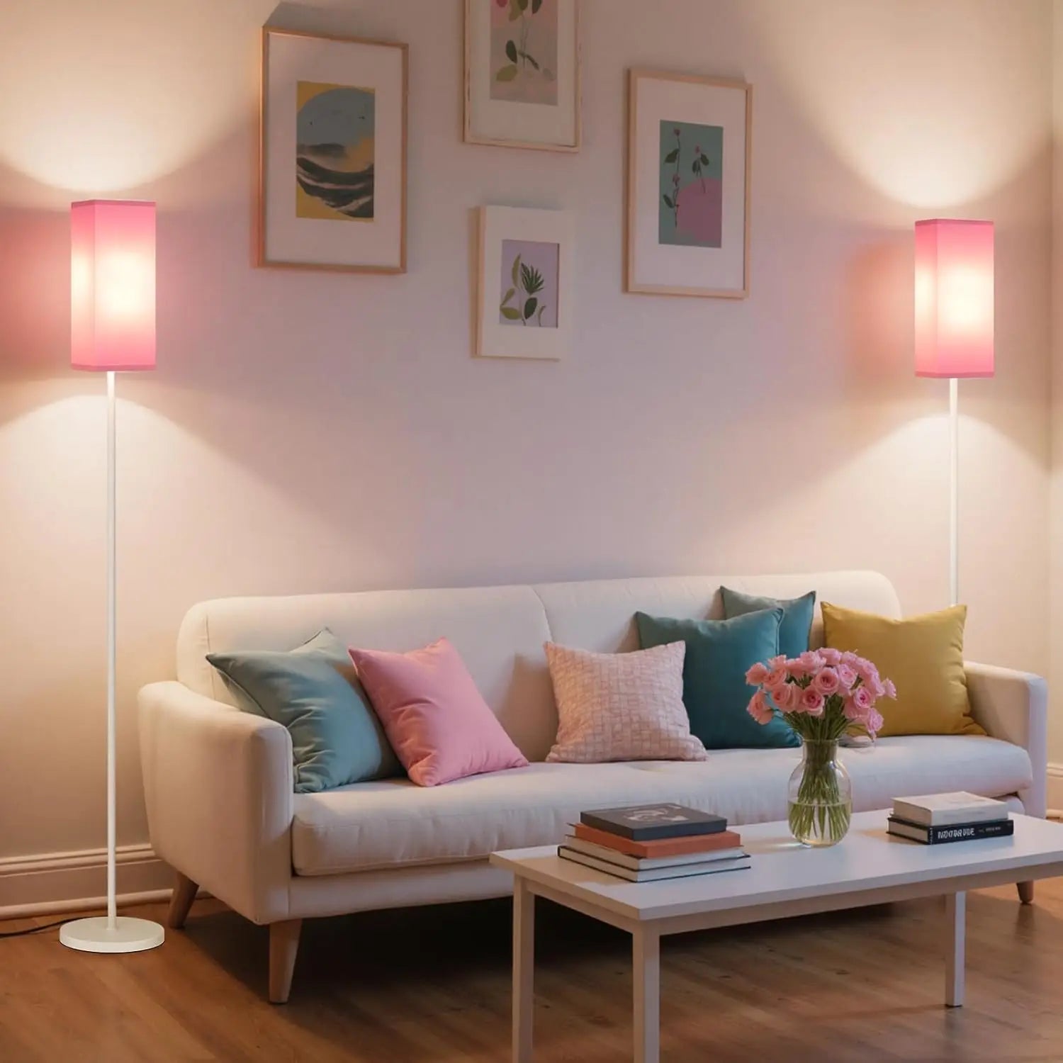 Modern Floor Lamp with Foot Switch, 64.6" Tall, White & Pink