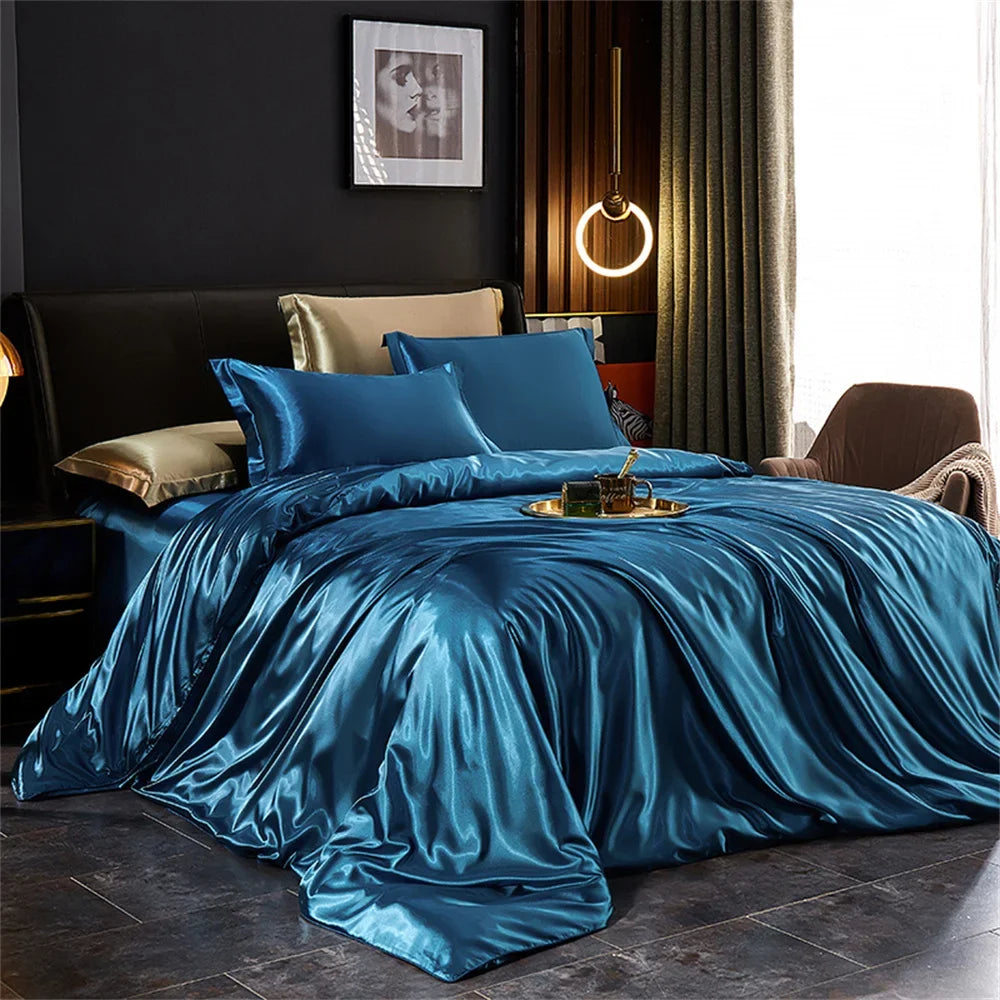 Solid Silk Bedding Set with Duvet Cover Bed Sheet Pillowcases