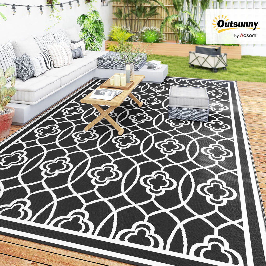 Black White Lantern Outdoor Rug, 9' x 18' Floor Mat
