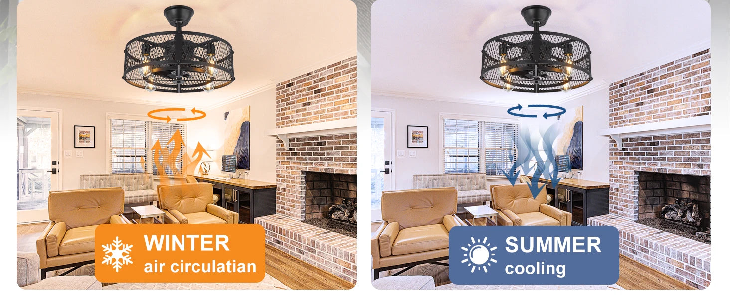 Caged Ceiling Fan with Light: 20/26" Farmhouse Fandelier Ceiling Fan with Remote for Low Profile Indoor Bedroon Kitchen Living
