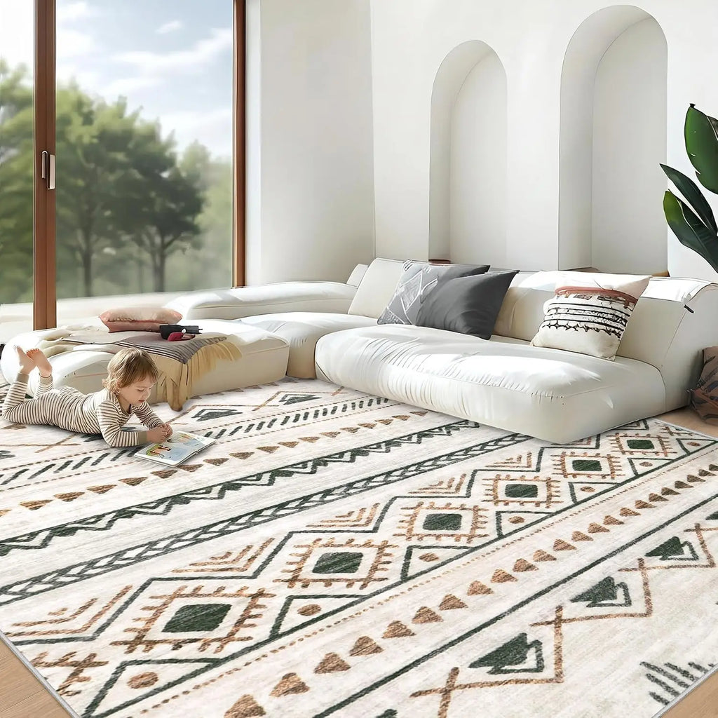 Modern Boho Geometric Rug 8x10, Non-Slip Washable Area Rug
