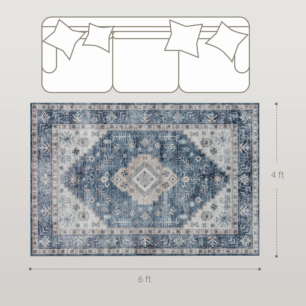 Relaxing Boho Pattern 4'x6' Vintage Oriental Medallion Distressed Rugs, Blue