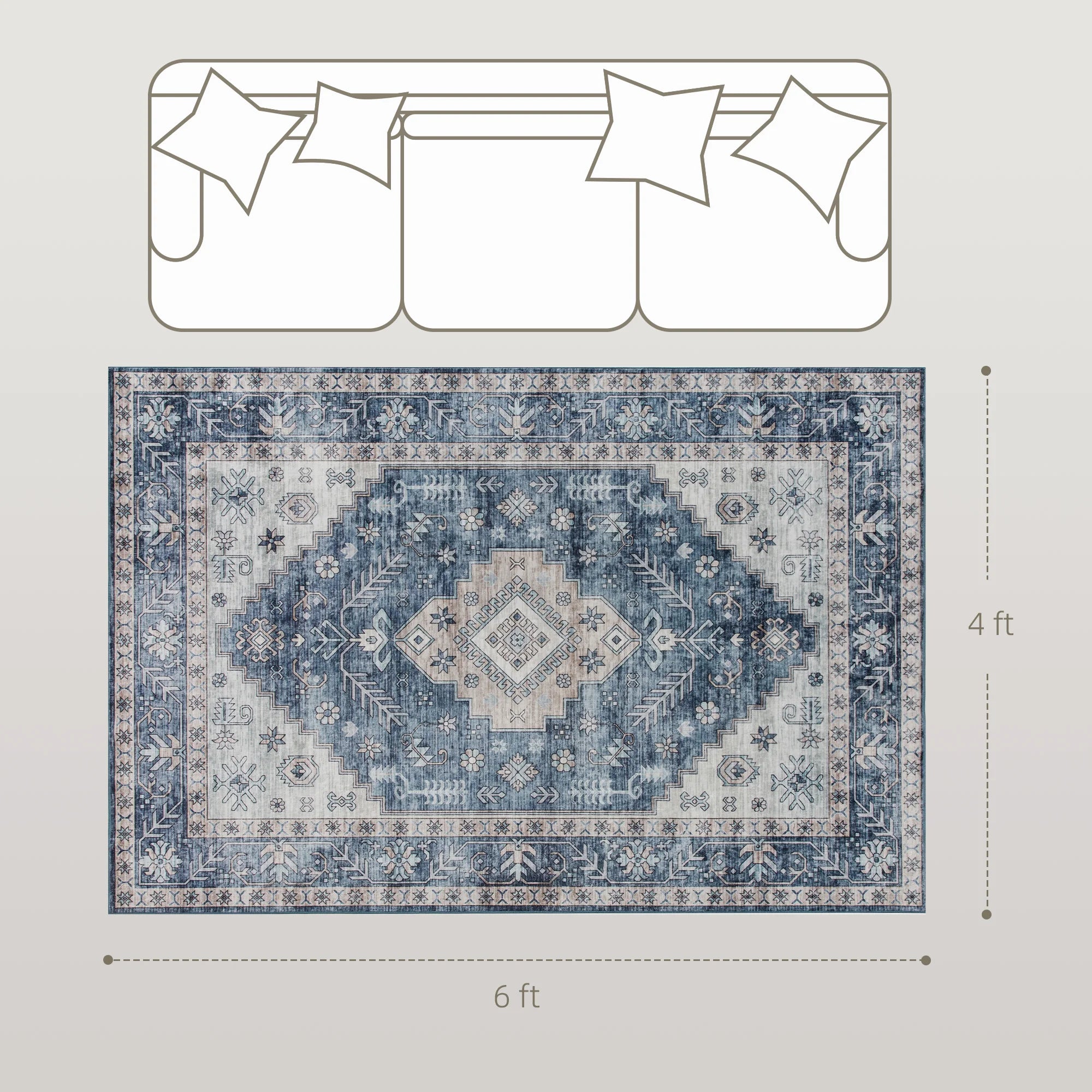 Relaxing Boho Pattern 4'x6' Vintage Oriental Medallion Distressed Rugs, Blue