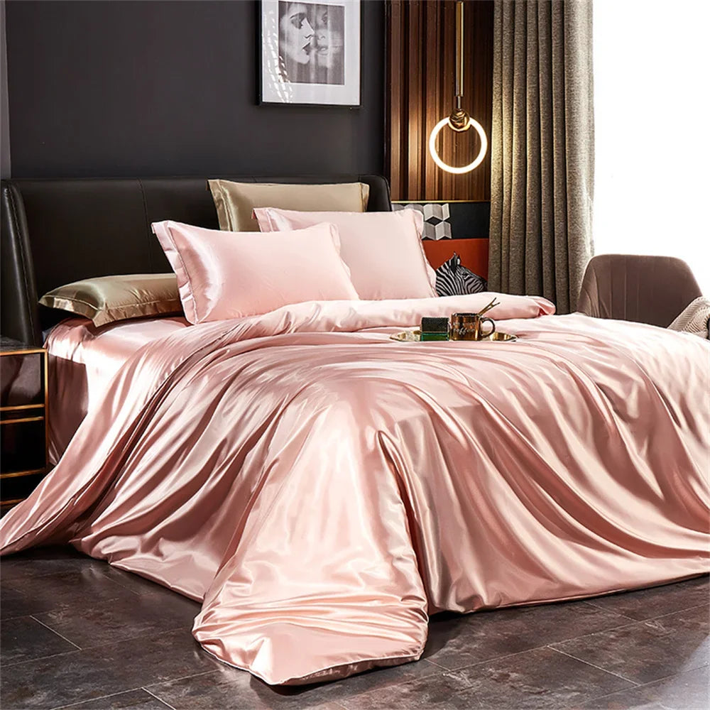 Solid Silk Bedding Set with Duvet Cover Bed Sheet Pillowcases