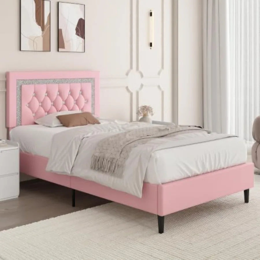 Glamous Girls Twin Diamond Tufted Button Headboard, Elegant Pink Fabric Upholstery