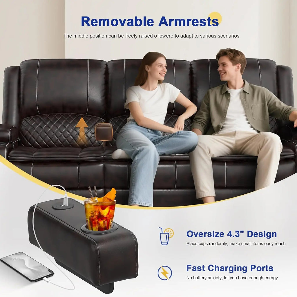 3 Seat Recliner Sofa with Console, Armrest, PU Leather, Cup Holders, USB Ports