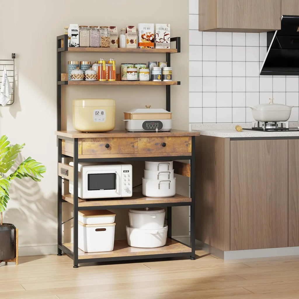 Bakers Rack with Power Outlets, Kitchen Stand Coffee Bar Table with Storage