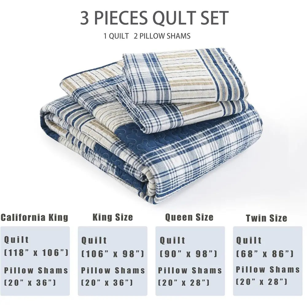 Blue White Tan Striped Queen Size Comorter Set, 3-Piece