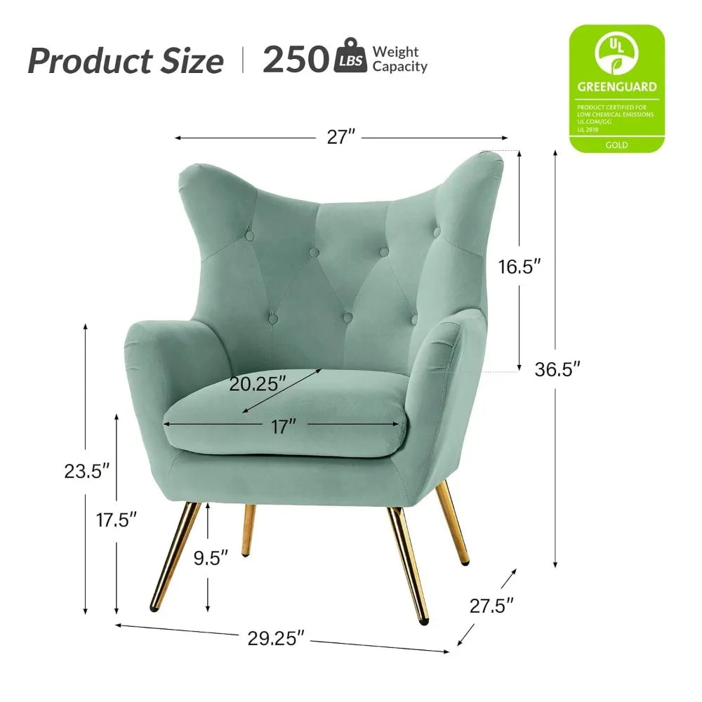 Velvet Accent Chair, Modern Wingback Arm Chair with Metal Gold Legs