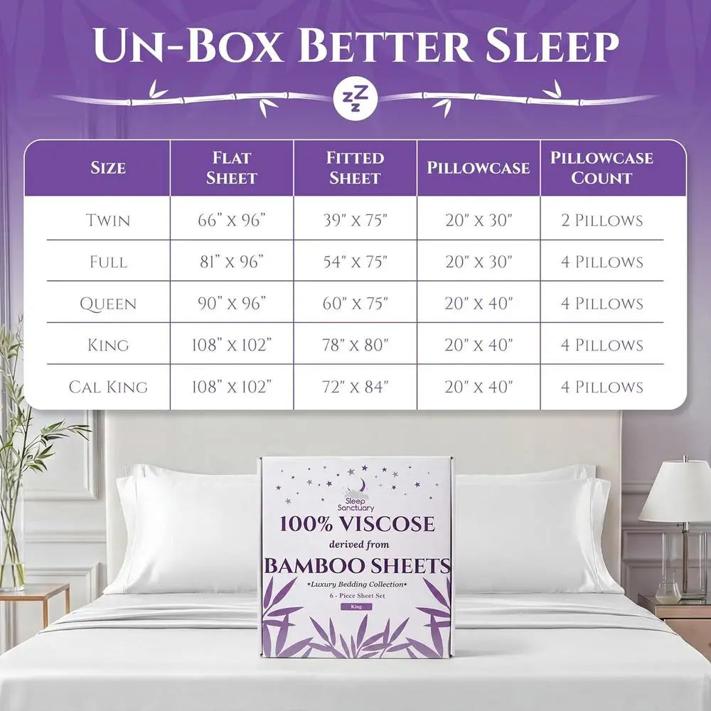 Cooling Sheets Set for Hot SleepersKing Size 6-Piece Bamboo Viscose  - Cloud Soft(White)