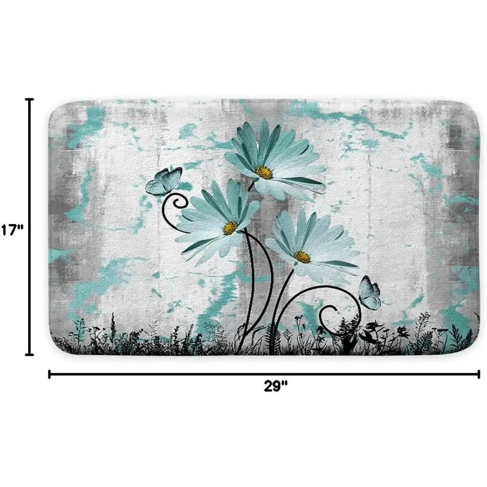 Rustic Armhouse Bath Rug, Teal Grey Daisy Floral Country Wooden Bath Mat