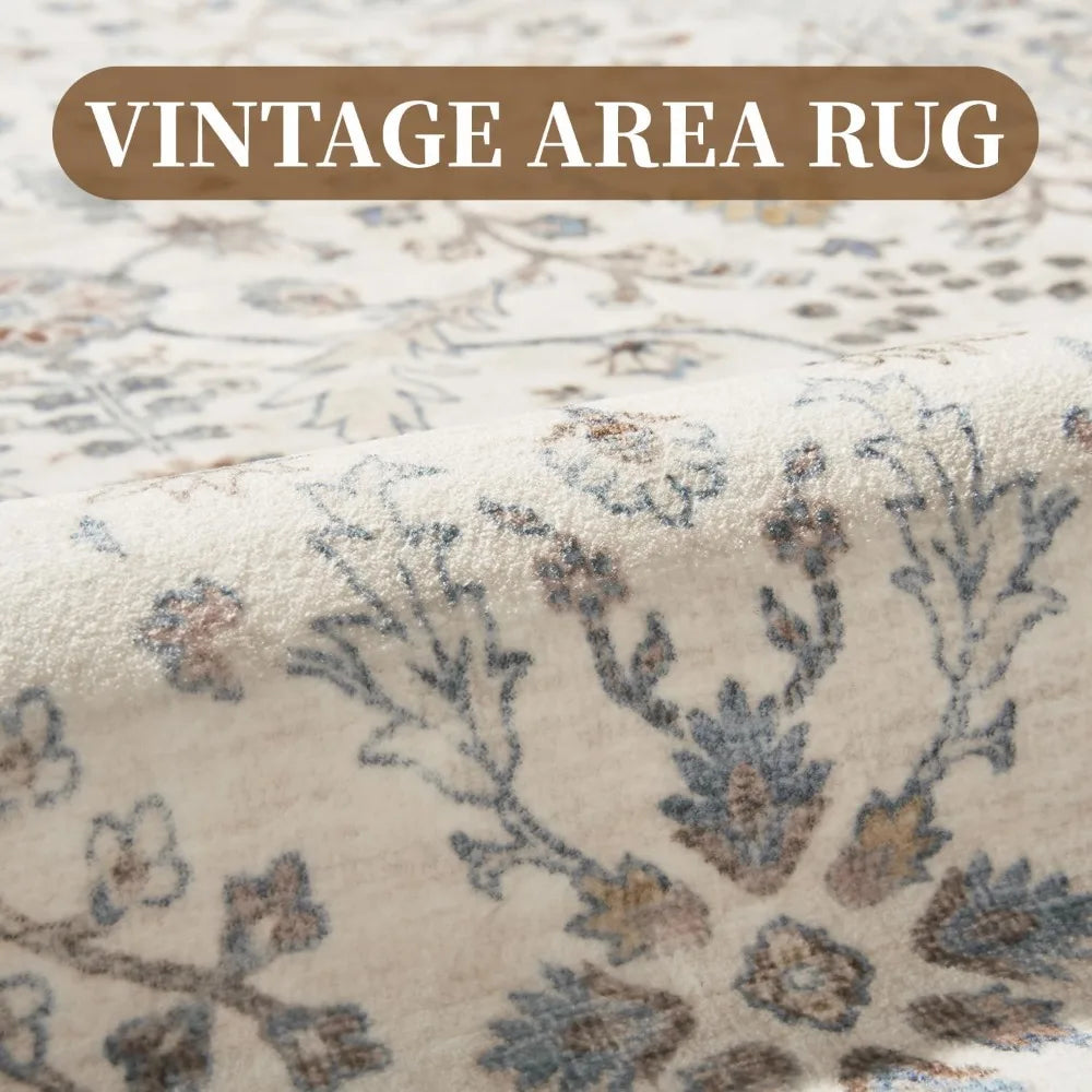 Vintage 5X7 Beige Rug With Soft Distressed Print (Washable)