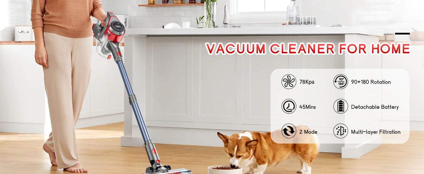 Powerful Cordless Vacuum Cleaner 78KPA 45Min Lightweight Stick Vacuum