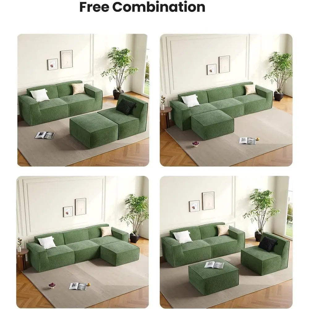 L-Shape Sectional Couch with Chaise & Ottoman, Green Corduroy