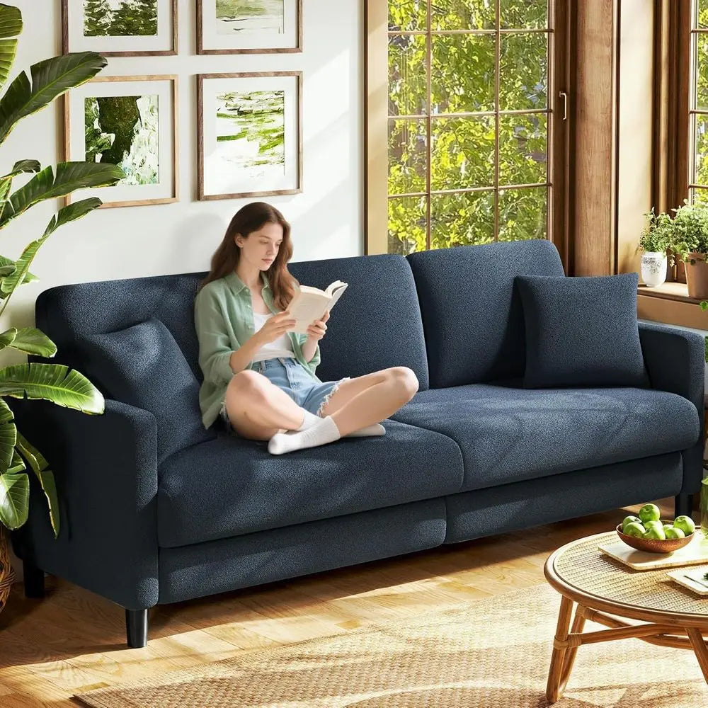 Cozy Living Room Sofa with Pillows, Blue-Gray, Wooden Loveseat Included