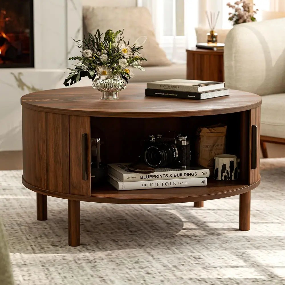 Sleek MidCentury, Walnut 30.0D x 16.3H, Round Coffee Table