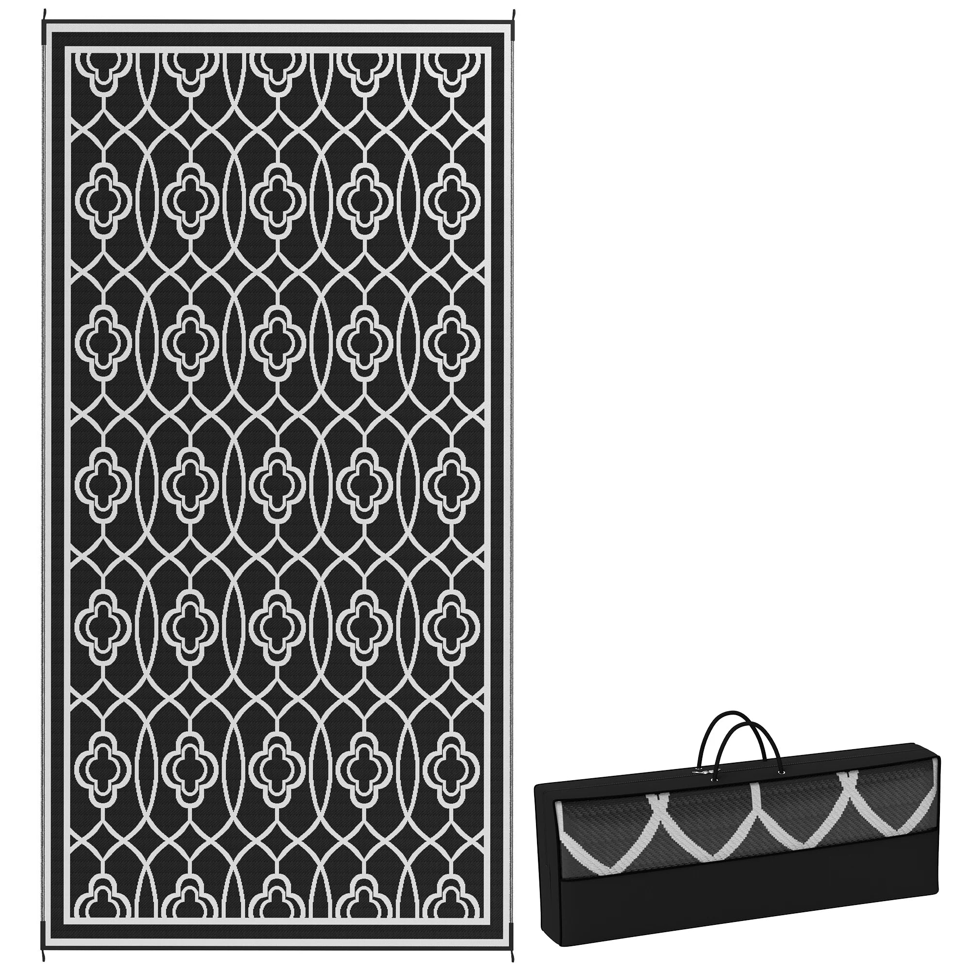 Black White Lantern Outdoor Rug, 9' x 18' Floor Mat