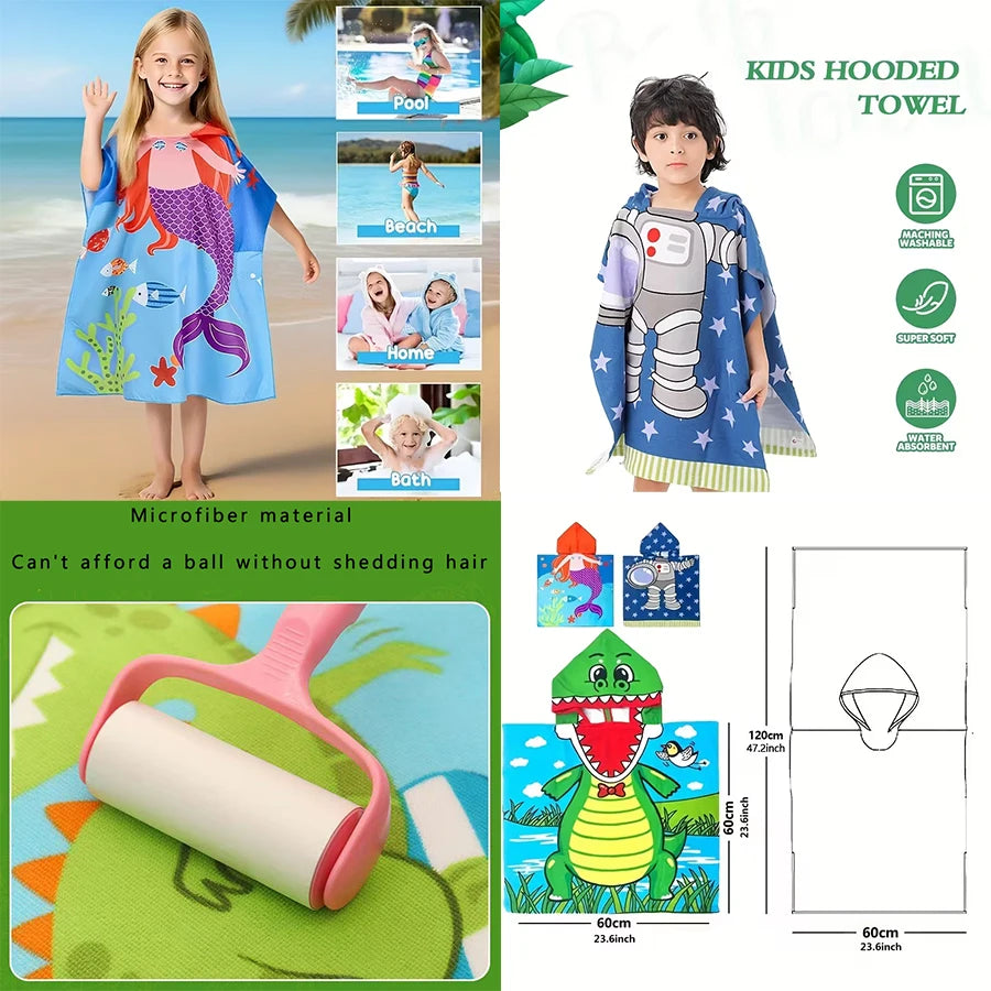 Children's Cartoon Hooded Beach Towel, Baby Bath Cape,