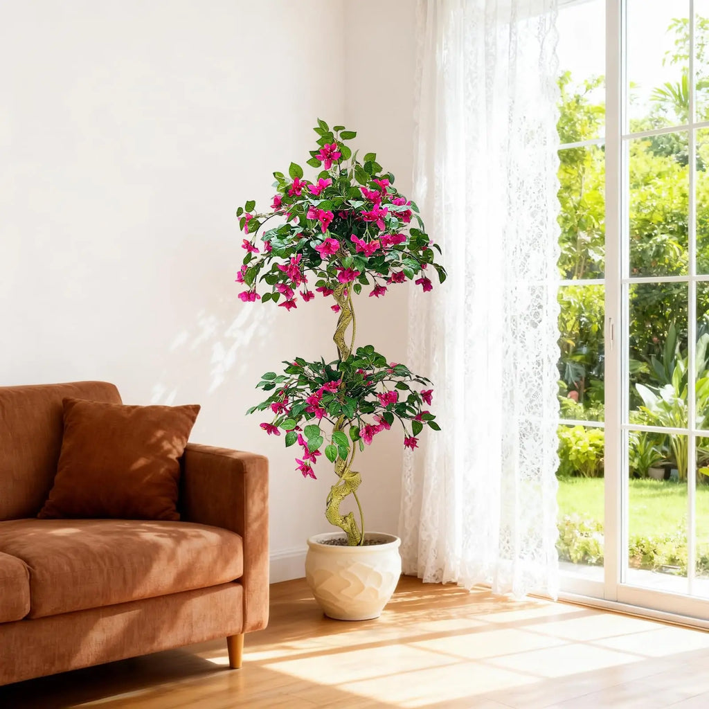 Lifelike Artificial Bougainvillea Tree in White Pot Realistic Silk Foliage