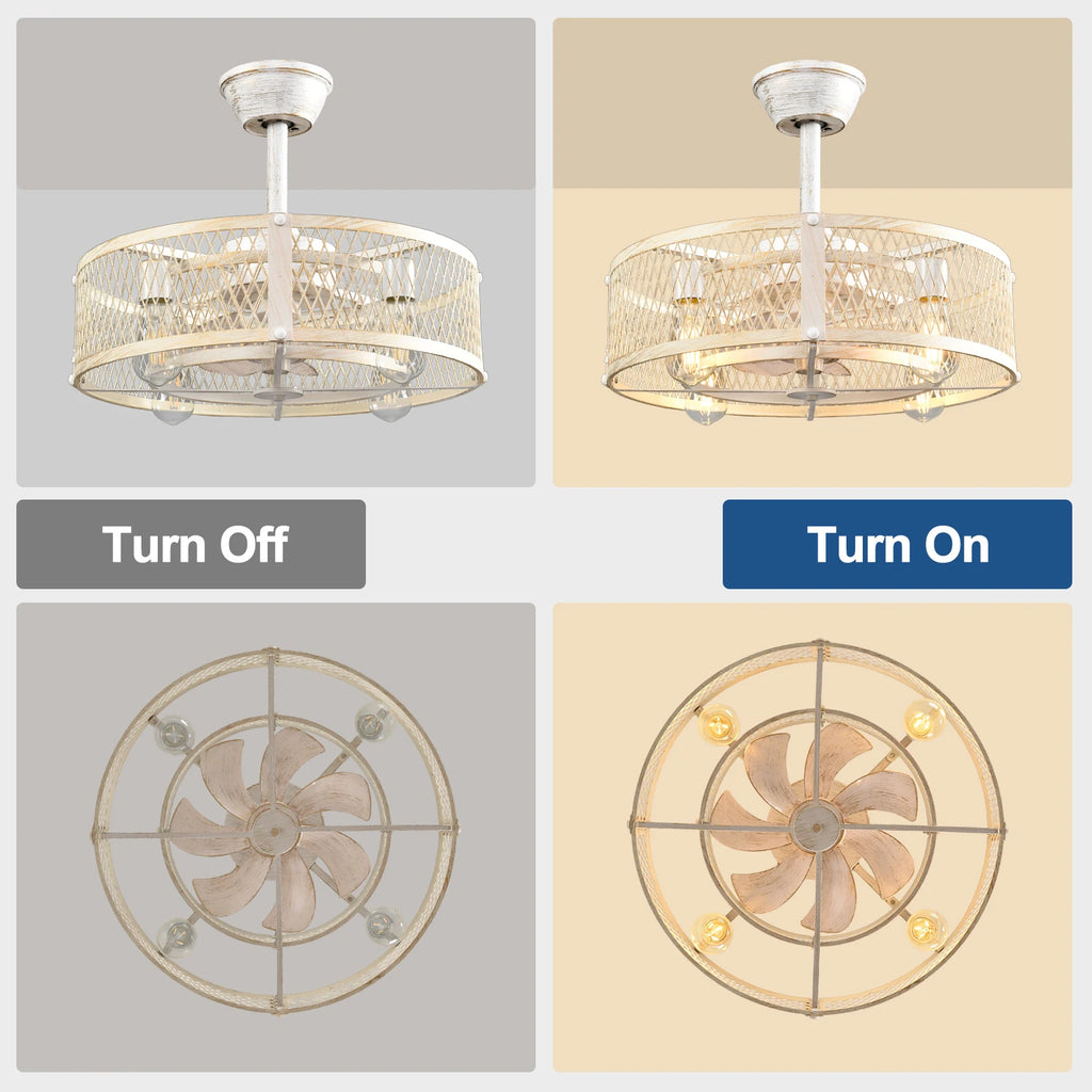 Caged Ceiling Fan with Light: 20/26" Farmhouse Fandelier Ceiling Fan with Remote for Low Profile Indoor Bedroon Kitchen Living