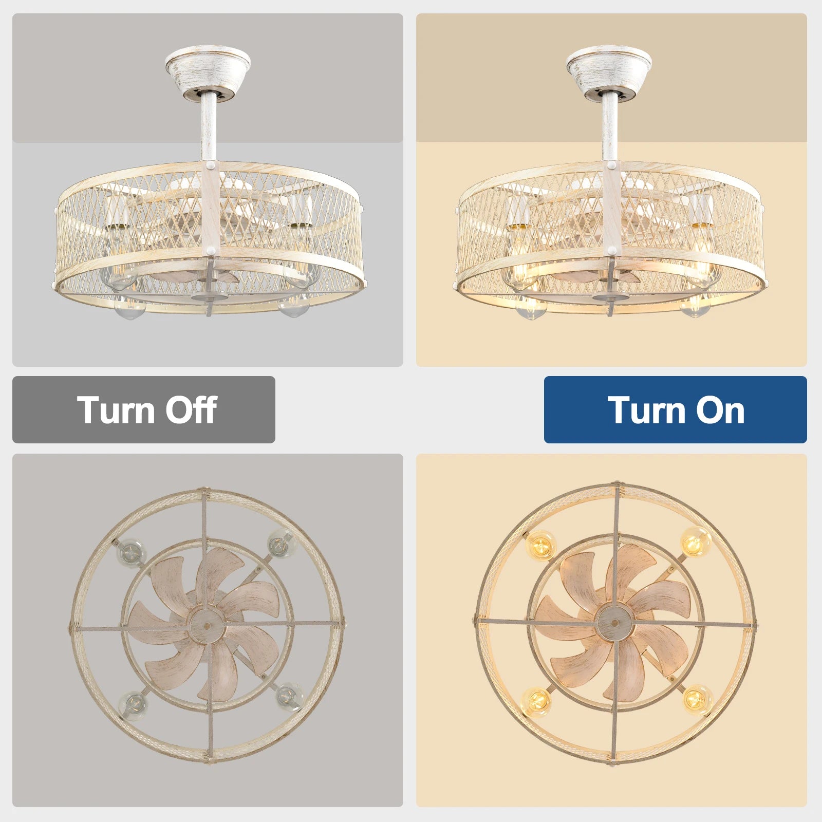 Caged Ceiling Fan with Light: 20/26" Farmhouse Fandelier Ceiling Fan with Remote for Low Profile Indoor Bedroon Kitchen Living