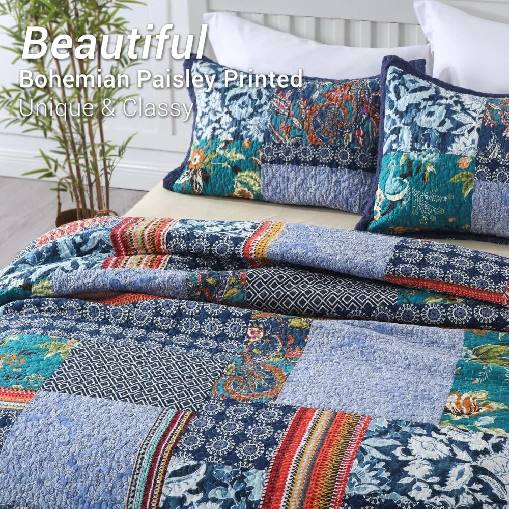 King Quilt Set Reversible Bohemian Paisley Patchwork 3-Piece