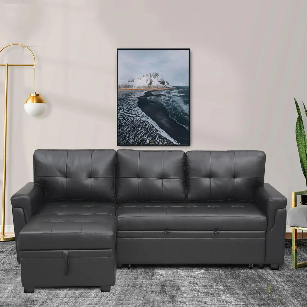 L Shaped Sleeper Sofa Bed with Storage & Pull Out Chaise Small Sectional Couch Living Room Air Leather Customized