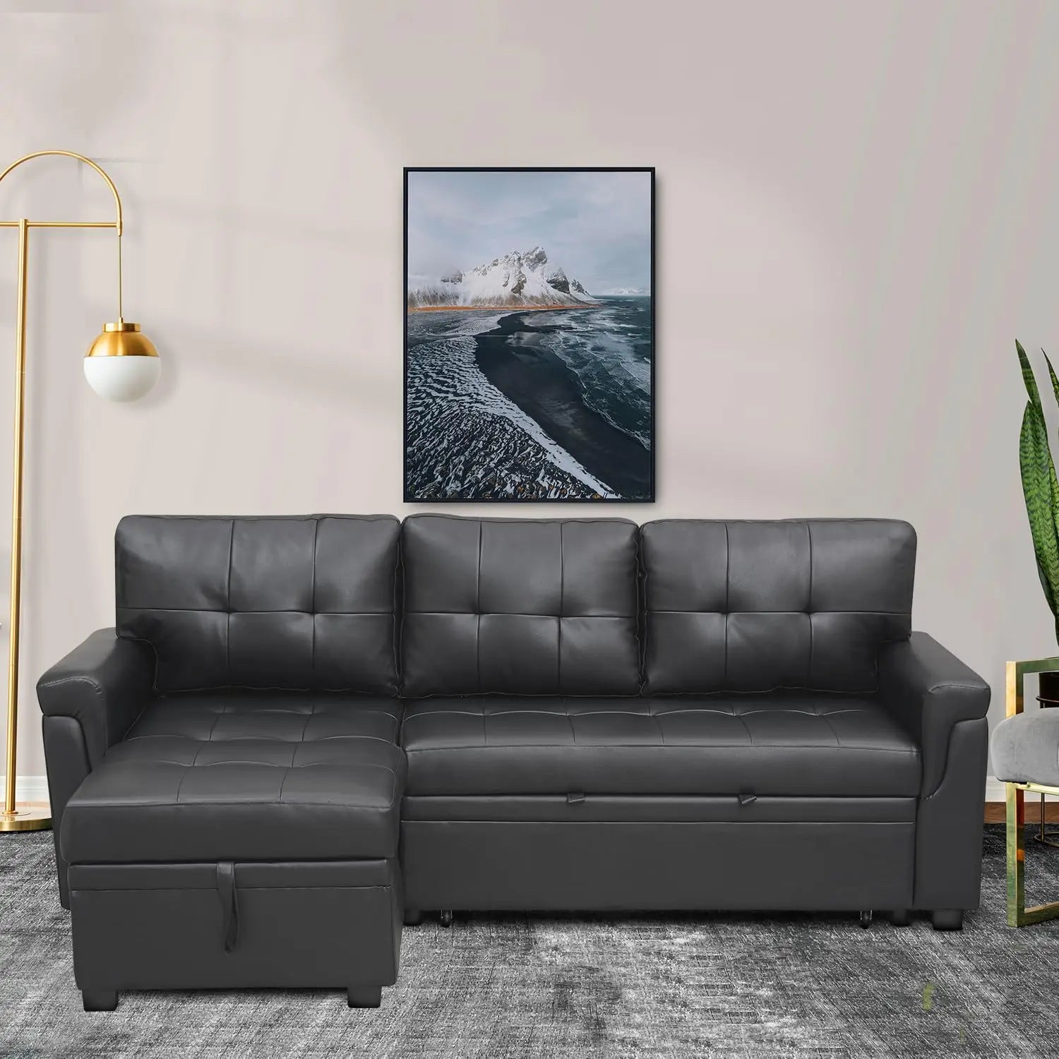 L Shaped Sleeper Sofa Bed with Storage & Pull Out Chaise Small Sectional Couch Living Room Air Leather Customized