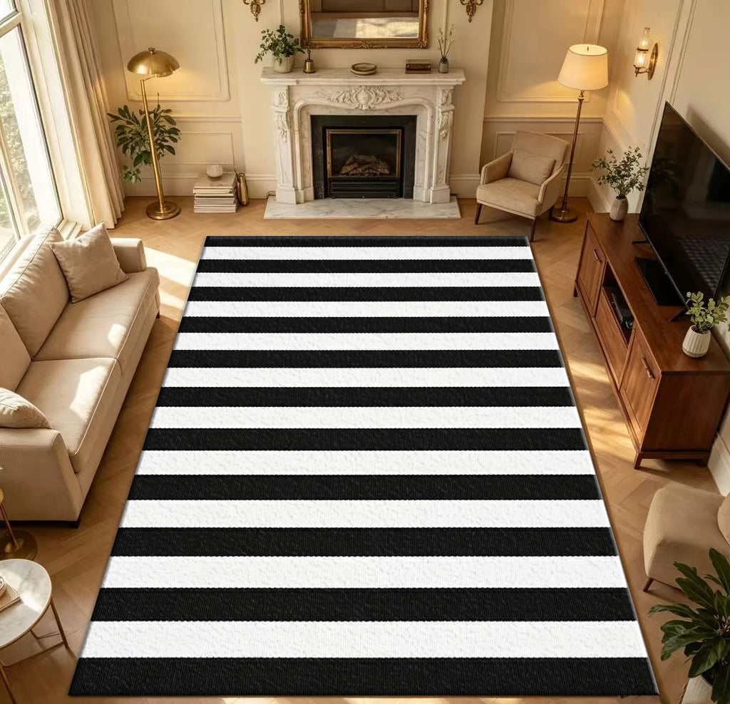Classic Black White Vertical Stripe Area Rug Non Slip Washable